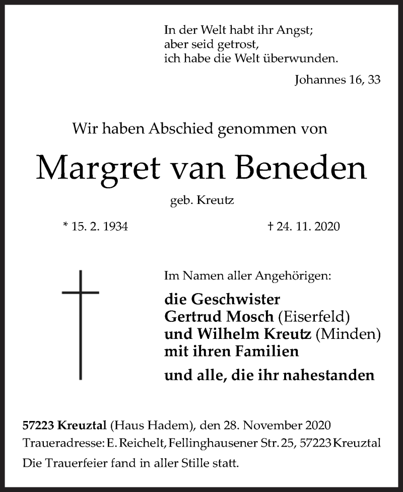  Traueranzeige für Margret van Beneden vom 28.11.2020 aus Siegener Zeitung