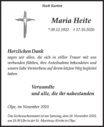 Traueranzeige von Maria Heite von Siegener Zeitung