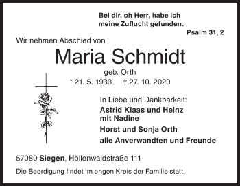Traueranzeige von Maria Schmidt von Siegener Zeitung