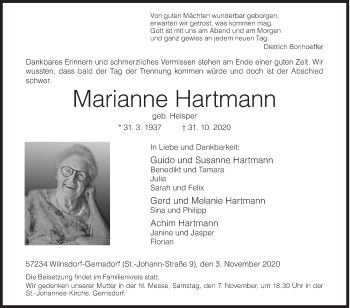 Traueranzeige von Marianne Hartmann von Siegener Zeitung