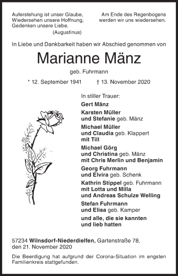 Traueranzeige von Marianne Mänz von Siegener Zeitung