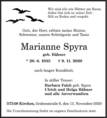 Traueranzeige von Marianne Spyra von Siegener Zeitung