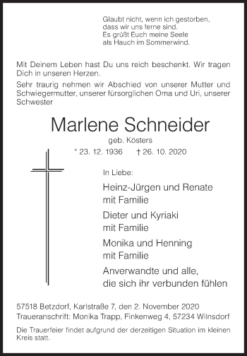 Traueranzeige von Marlene Schneider von Siegener Zeitung