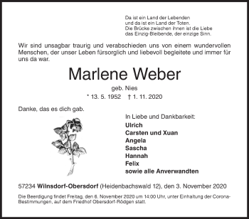 Traueranzeige von Marlene Weber von Siegener Zeitung