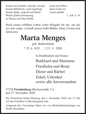 Traueranzeige von Marta Menges von Siegener Zeitung