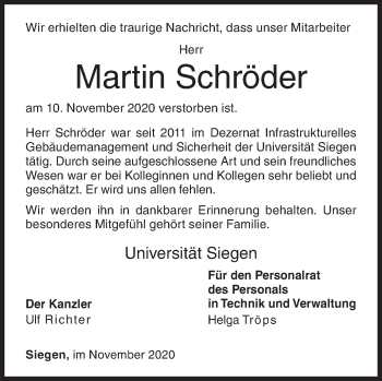 Traueranzeige von Martin Schröder von Siegener Zeitung