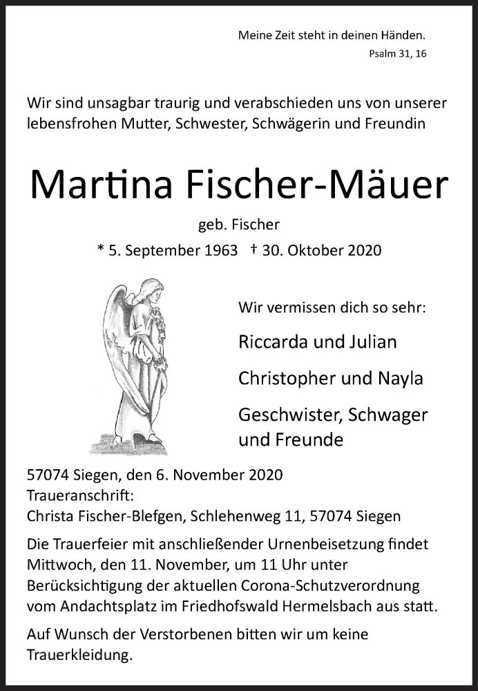  Traueranzeige für Martina Fischer-Mäuer vom 06.11.2020 aus Siegener Zeitung