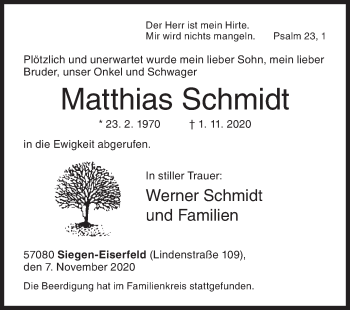 Traueranzeige von Matthias Schmidt von Siegener Zeitung