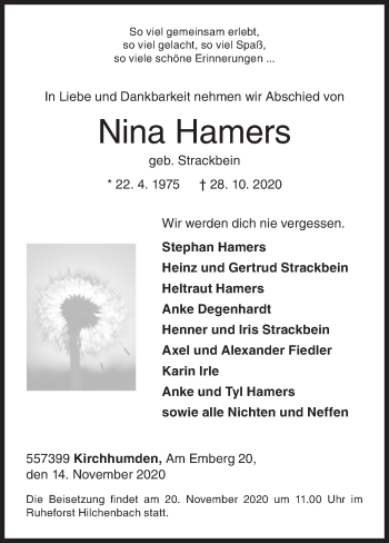 Traueranzeige von Nina Hamers von Siegener Zeitung