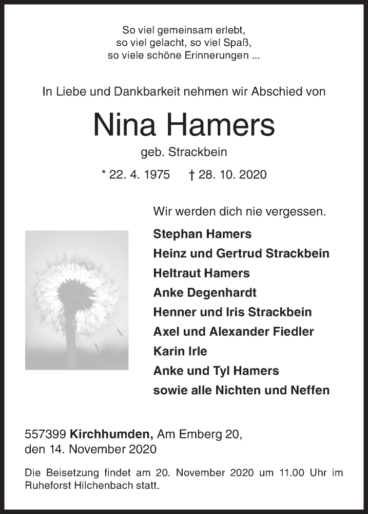  Traueranzeige für Nina Hamers vom 14.11.2020 aus Siegener Zeitung