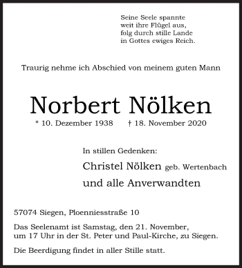 Traueranzeige von Norbert Nölken von Siegener Zeitung