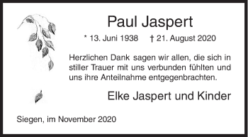 Traueranzeige von Paul Jaspert von Siegener Zeitung
