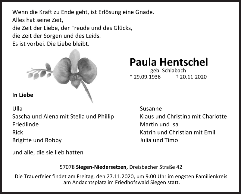  Traueranzeige für Paula Hentschel vom 25.11.2020 aus Siegener Zeitung