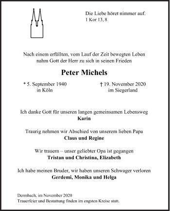 Traueranzeige von Peter Michels von Siegener Zeitung