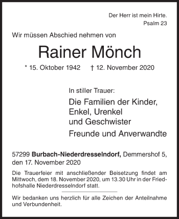 Traueranzeige von Rainer Mönch von Siegener Zeitung