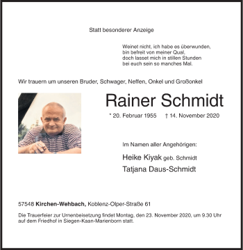 Traueranzeige von Rainer Schmidt von Siegener Zeitung