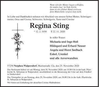 Traueranzeige von Regina Sting von Siegener Zeitung