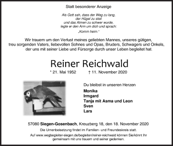 Traueranzeige von Reiner Reichwald von Siegener Zeitung
