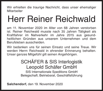 Traueranzeige von Reiner Reichwald von Siegener Zeitung