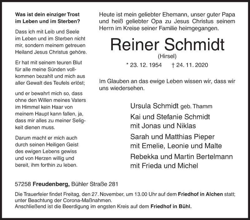  Traueranzeige für Reiner Schmidt vom 25.11.2020 aus Siegener Zeitung
