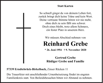 Traueranzeige von Reinhard Grebe von Siegener Zeitung