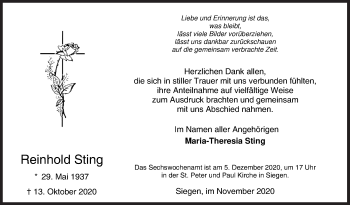 Traueranzeige von Reinhold Sting von Siegener Zeitung
