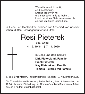 Traueranzeige von Resi Pieterek von Siegener Zeitung