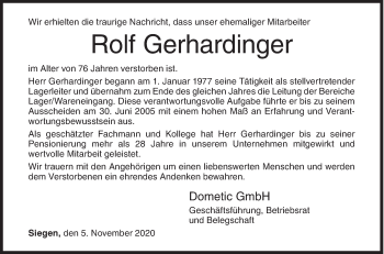 Traueranzeige von Rolf Gerhardinger von Siegener Zeitung
