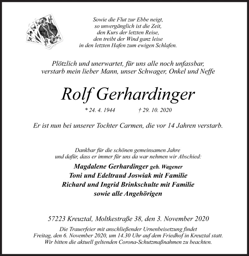  Traueranzeige für Rolf Gerhardinger vom 03.11.2020 aus Siegener Zeitung