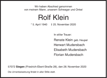 Traueranzeige von Rolf Klein von Siegener Zeitung