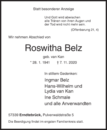 Traueranzeige von Roswitha Belz von Siegener Zeitung
