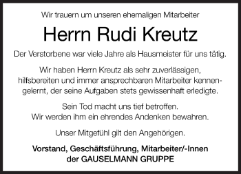 Traueranzeige von Rudi Kreutz von Siegener Zeitung