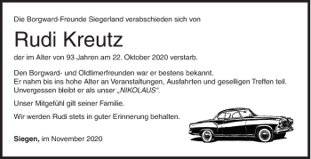 Traueranzeige von Rudi Kreutz von Siegener Zeitung