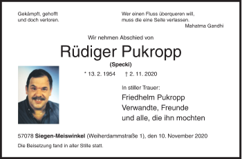 Traueranzeige von Rüdiger Pukropp von Siegener Zeitung