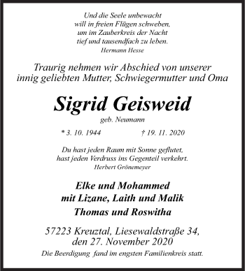Traueranzeige von Sigrid Geisweid von Siegener Zeitung