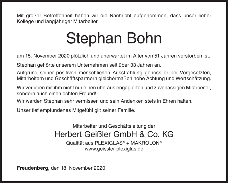  Traueranzeige für Stephan Bohn vom 18.11.2020 aus Siegener Zeitung