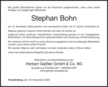 Traueranzeige von Stephan Bohn von Siegener Zeitung