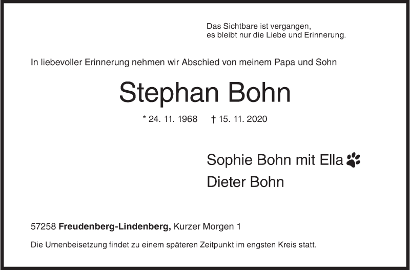  Traueranzeige für Stephan Bohn vom 18.11.2020 aus Siegener Zeitung