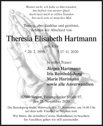 Traueranzeige von Theresia Elisabeth Hartmann von Siegener Zeitung