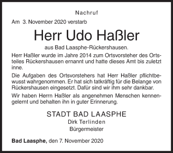 Traueranzeige von Udo Haßler von Siegener Zeitung