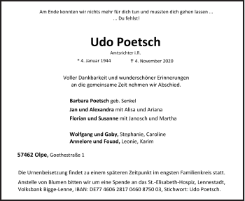 Traueranzeige von Udo Poetsch von Siegener Zeitung