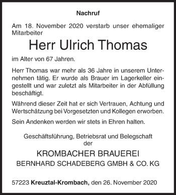 Traueranzeige von Ulrich Thomas von Siegener Zeitung