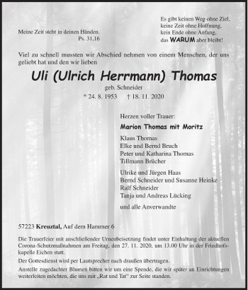 Traueranzeige von Ulrich Herrmann Thomas von Siegener Zeitung