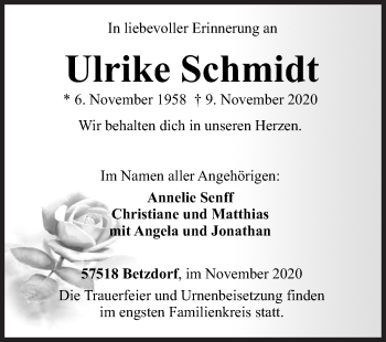 Traueranzeige von Ulrike Schmidt von Siegener Zeitung