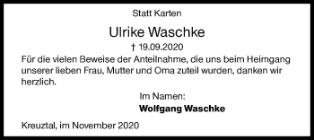 Traueranzeige von Ulrike Waschke von Siegener Zeitung