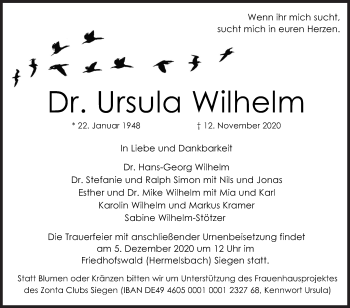 Traueranzeige von Ursula Wilhelm von Siegener Zeitung