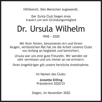 Traueranzeige von Ursula Wilhelm von Siegener Zeitung