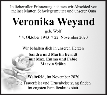 Traueranzeige von Veronika Weyand von Siegener Zeitung