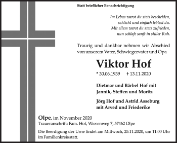 Traueranzeige von Viktor Hof von Siegener Zeitung