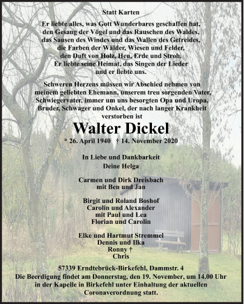 Traueranzeige von Walter Dickel von Siegener Zeitung